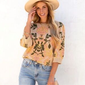 Grateful Vines Floral Knit Puff Sleeve Sweater Top - Large